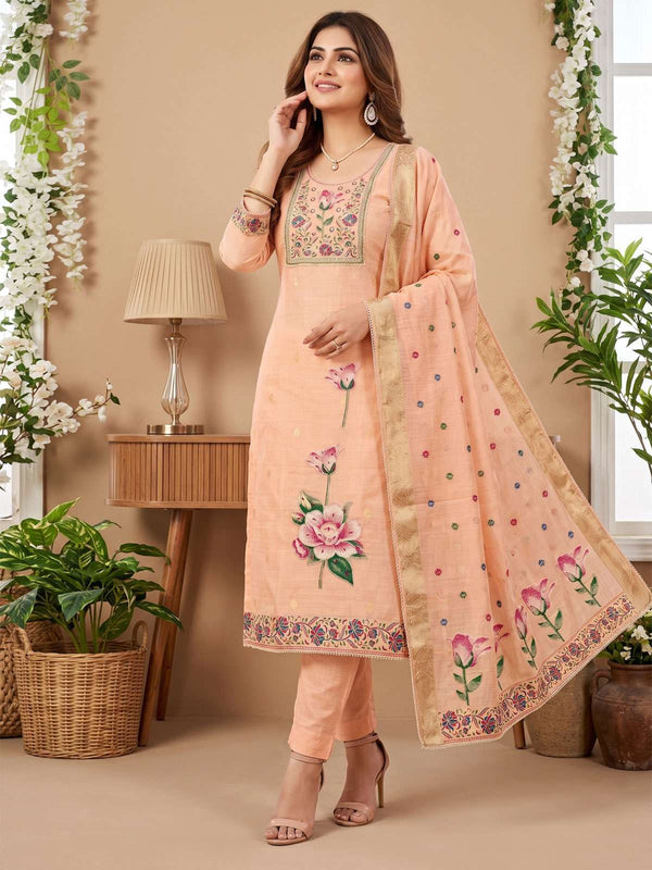 Peach Pure Banarasi Cottan Hand Work Kurta Set