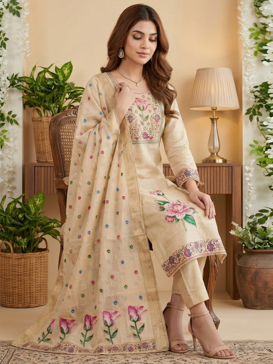 Cream Pure Banarasi Cottan Hand Work Kurta Set