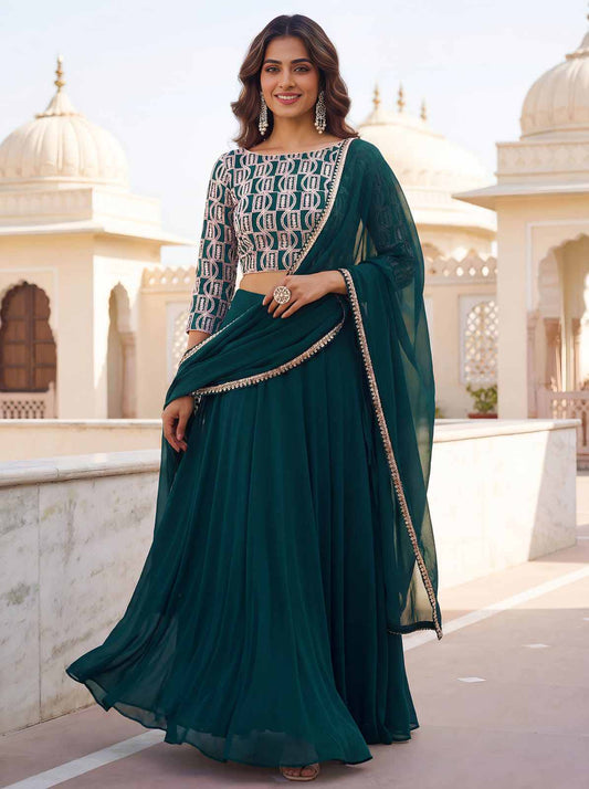 Green Georgette Lehenga Choli With Zari Embroidery