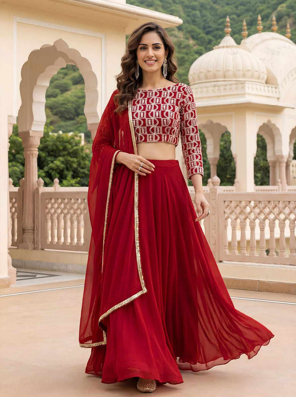 Red Georgette Lehenga Choli With Zari Embroidery