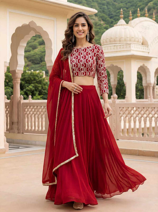 Red Georgette Lehenga Choli With Zari Embroidery