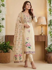 Cream Pure Banarasi Cottan Hand Work Kurta Set
