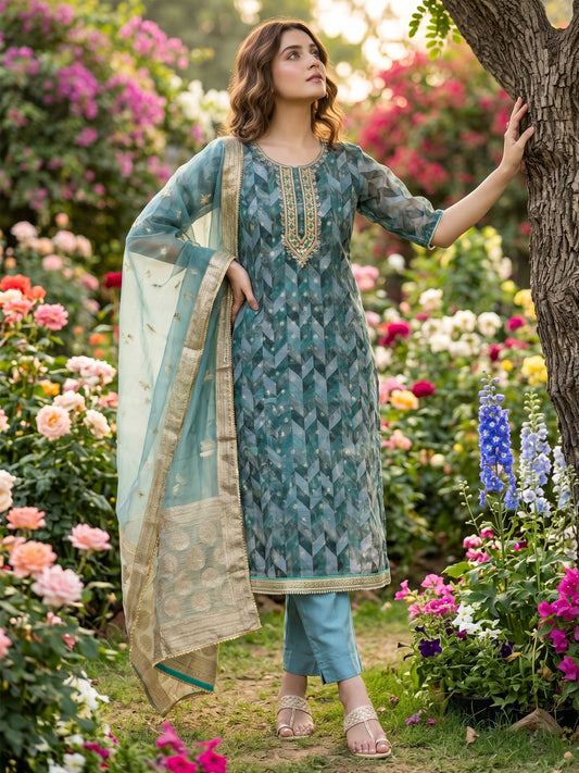 Sky Blue Banarasi Organza Hand Work Kurta Set