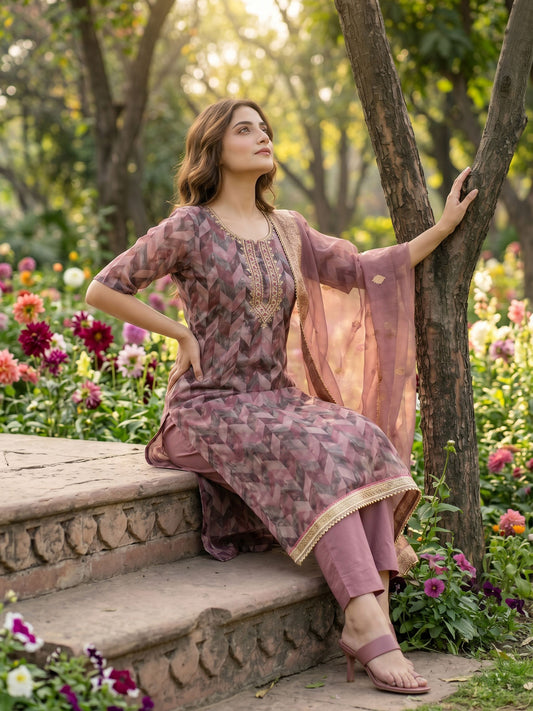 Pink Banarasi Organza Hand Work Kurta Set