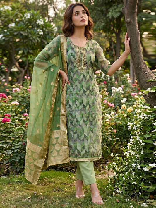 Green Banarasi Organza Hand Work Kurta Set