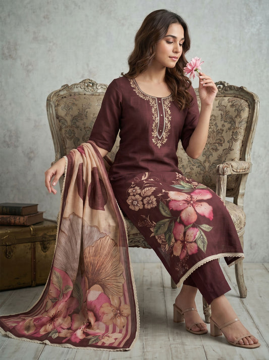 Brown Simmer Print Cotton Linen Kurta Set