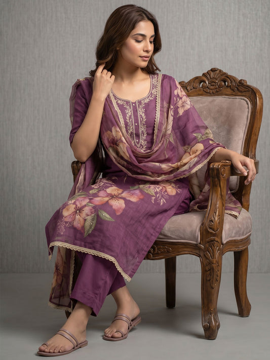Purple Simmer Print Cotton Linen Kurta Set