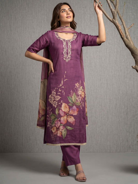 Purple Simmer Print Cotton Linen Kurta Set