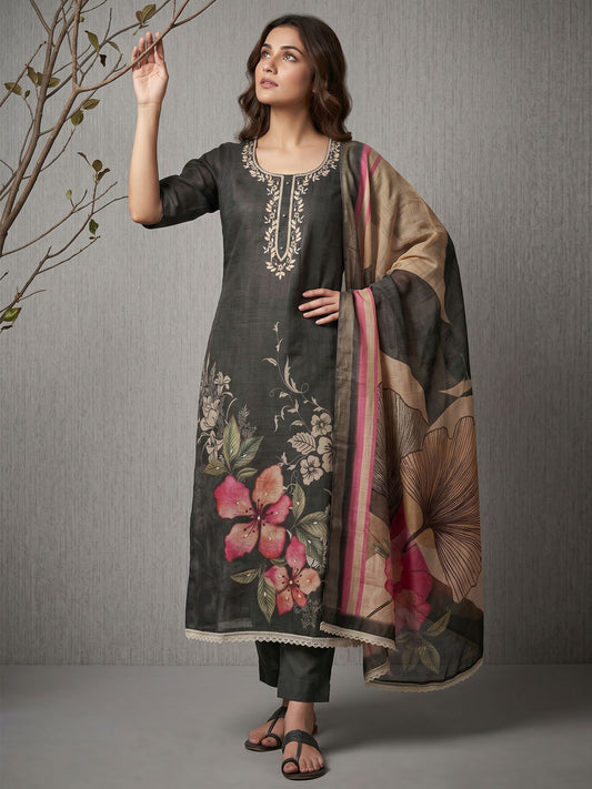 Black Simmer Print Cotton Linen Kurta Set