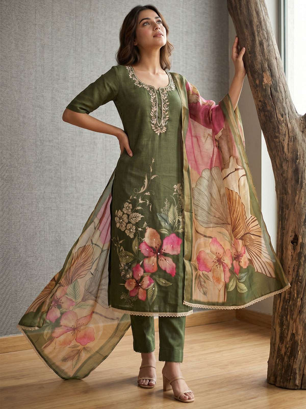 Green Simmer Print Cotton Linen Kurta Set