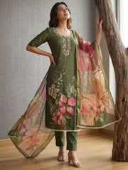 Green Simmer Print Cotton Linen Kurta Set