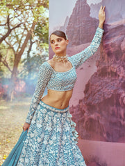 Turquoise blue Georgette Beads embroidery Semi-Stitched Lehenga choli & Dupatta