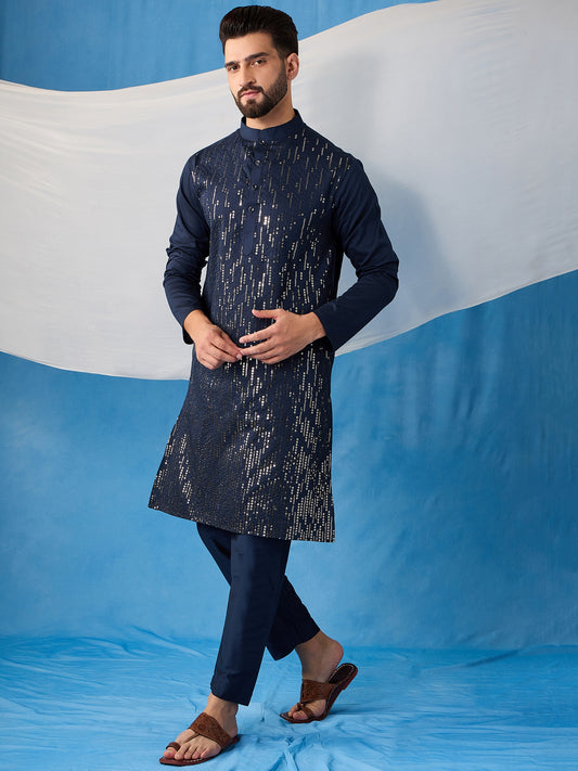 Geometric Embroidered Sequinned Mandarin Collar Stright Kurta With Trousers