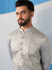 Geometric Yoke Design Thread Work and Sequined Straight Kurta With Trousers