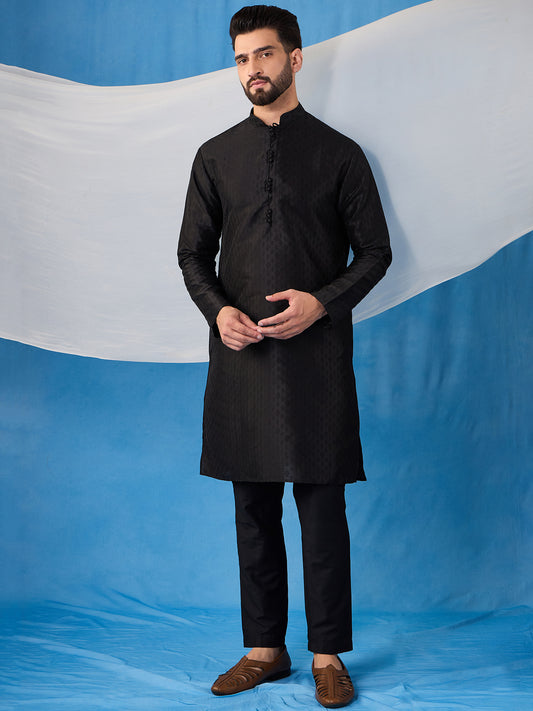 Floral Embroidered Thread Work Jacquard Weave Stright Kurta With Trousers