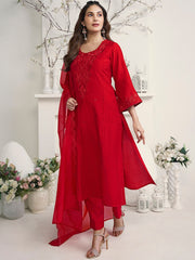 Amyra Dastur Red Floral Regular Thread Work Pure Silk Straight Kurta with Trousers & Dupatta
