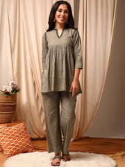 Grey V-Neck Pleated Cotton Tunic & Trousers Co-Ords
