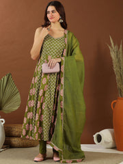 Women Green Floral Printed Empire Gotta Patti Pure Cotton Kurta with Trousers & With Dupatta
