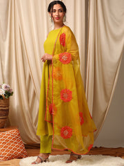 Mustard Color Women Layered Thread Work Kurta with Trousers & With Dupatta