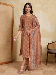 Women Ethnic Motifs Printed Regular Chanderi Cotton Kurta with Trousers & With Dupatta