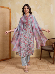 Women Floral Printed Regular Thread Work Chanderi Cotton Kurta with Trousers & With Dupatta