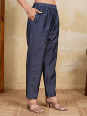 Women Floral Printed Regular Thread Work Chanderi Cotton Kurta with Trousers & With Dupatta