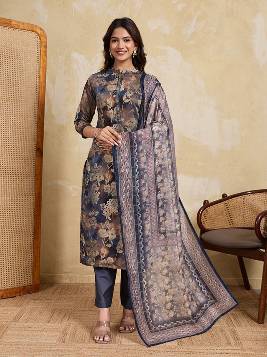 Women Floral Printed Regular Thread Work Chanderi Cotton Kurta with Trousers & With Dupatta