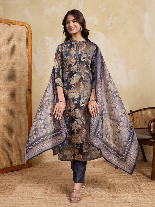 Women Floral Printed Regular Thread Work Chanderi Cotton Kurta with Trousers & With Dupatta