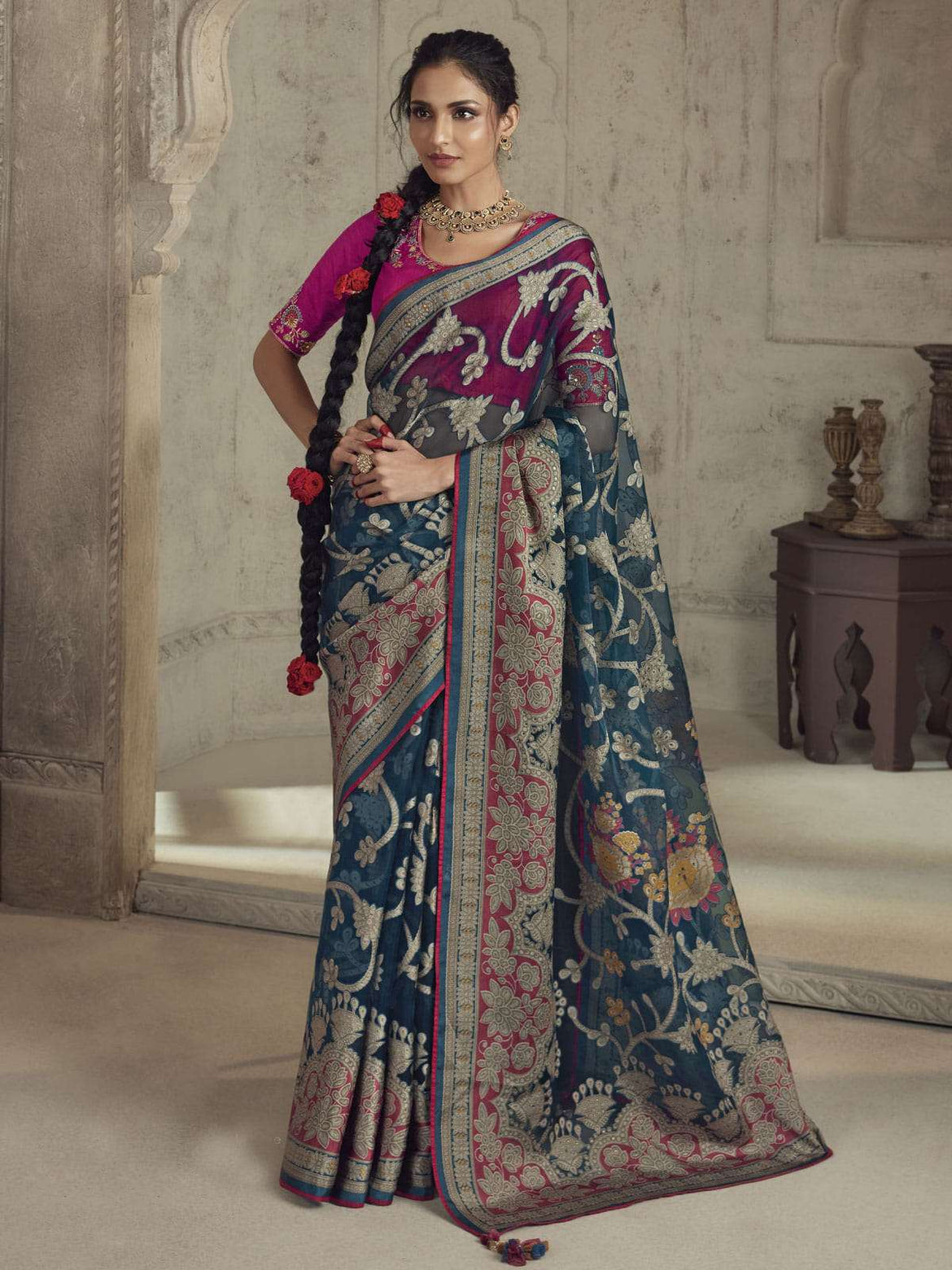Green Ethnic Motifs Embellished Tissue Saree With Unstitched Blouse Piece