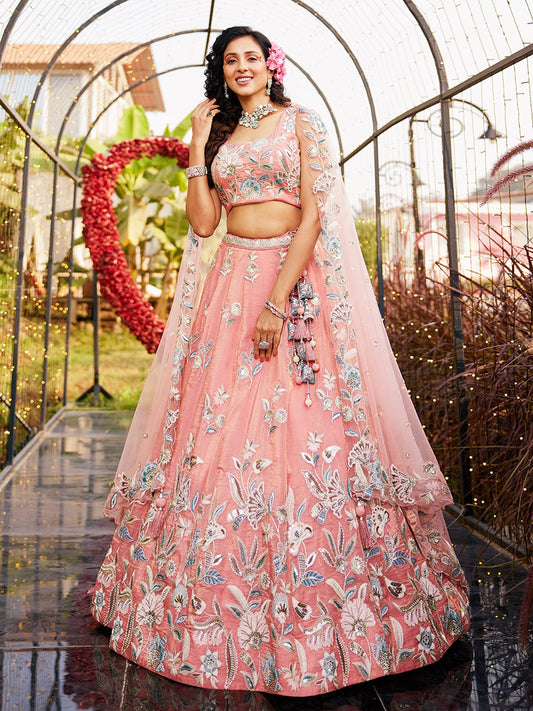 Orange colour Orange with Sequinse & Thread embroidery Semi-Stitched Lehenga choli & Dupatta