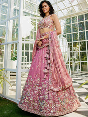 Pink colour Tissue Fabric with Sequinse and Thread embroidery Semi-Stitched Lehenga choli & Dupatta