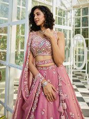 Pink colour Tissue Fabric with Sequinse and Thread embroidery Semi-Stitched Lehenga choli & Dupatta