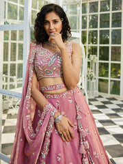 Pink colour Tissue Fabric with Sequinse and Thread embroidery Semi-Stitched Lehenga choli & Dupatta