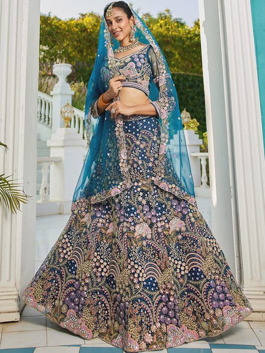 Navy Blue net with Coding & Zarkan embroidery Semi-Stitched Lehenga choli & Dupatta
