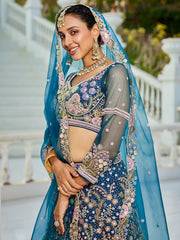 Navy Blue net with Coding & Zarkan embroidery Semi-Stitched Lehenga choli & Dupatta