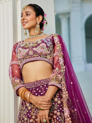 Burgundy net with Coding and Zarkan embroidery Semi-Stitched Lehenga choli & Dupatta