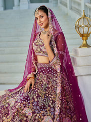 Burgundy net with Coding and Zarkan embroidery Semi-Stitched Lehenga choli & Dupatta