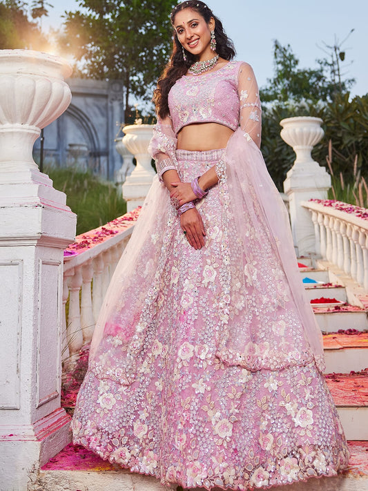 Pink net with Sequinse and Zarkan embroidery Semi-Stitched Lehenga choli & Dupatta
