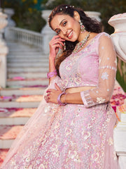 Pink net with Sequinse and Zarkan embroidery Semi-Stitched Lehenga choli & Dupatta