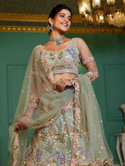 Lime Green net with Coding and Zarkan embroidery Semi-Stitched Lehenga choli & Dupatta
