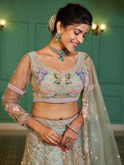 Lime Green net with Coding and Zarkan embroidery Semi-Stitched Lehenga choli & Dupatta
