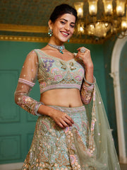Lime Green net with Coding and Zarkan embroidery Semi-Stitched Lehenga choli & Dupatta