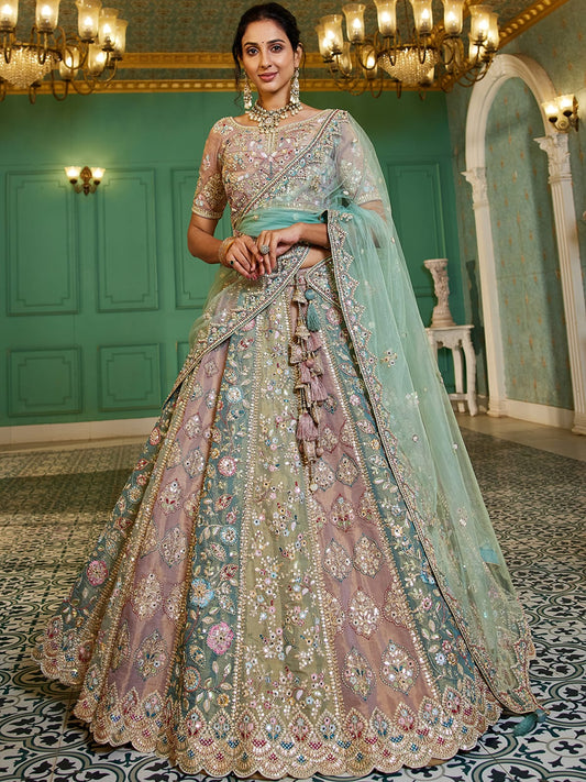 Multi colour Bridel net and Gotapatti and Moti embroidery Semi-Stitched Lehenga choli & Dupatta