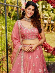 Pink colour Orange with Sequinse and Moti embroidery Semi-Stitched Lehenga choli & Dupatta