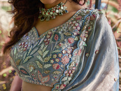 Blue colour Tissue Fabric with Sequinse and Thread embroidery Semi-Stitched Lehenga choli & Dupatta