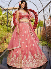 Pink colour Orange with Sequinse and Moti embroidery Semi-Stitched Lehenga choli & Dupatta