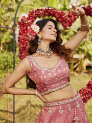 Pink colour Orange with Sequinse and Moti embroidery Semi-Stitched Lehenga choli & Dupatta