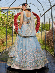 Blue colour Tissue Fabric with Sequinse and Thread embroidery Semi-Stitched Lehenga choli & Dupatta
