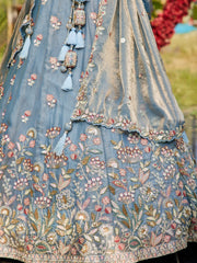 Blue colour Tissue Fabric with Sequinse and Thread embroidery Semi-Stitched Lehenga choli & Dupatta