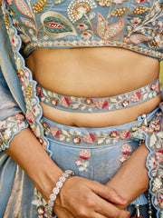 Blue colour Tissue Fabric with Sequinse and Thread embroidery Semi-Stitched Lehenga choli & Dupatta